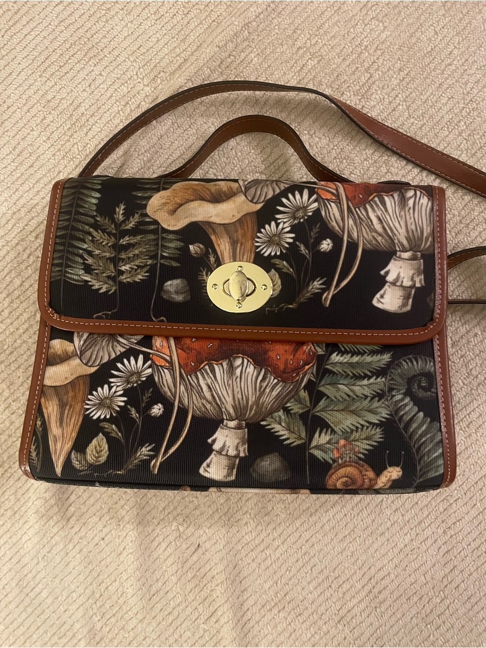 Floral Mushroom Print Top-Handle Bag Shoulder Purse in Black and Brown